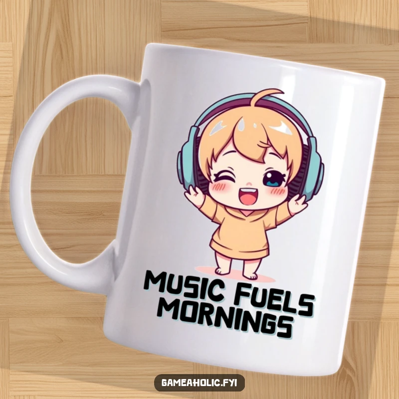 Funny mug of a delighted character wearing large headphones, happily bobbing their head to music, conveying pure audio bliss.