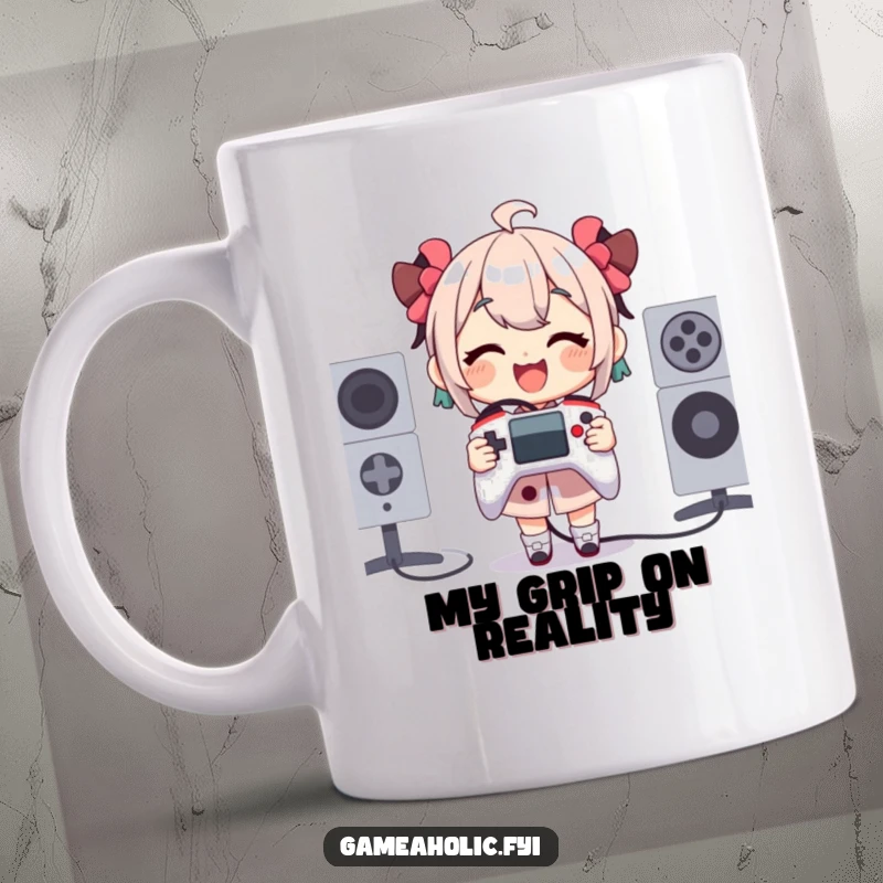 Funny Mug showing a character gleefully clutching a tiny but comically oversized game controller, radiating pure gaming delight and humor.