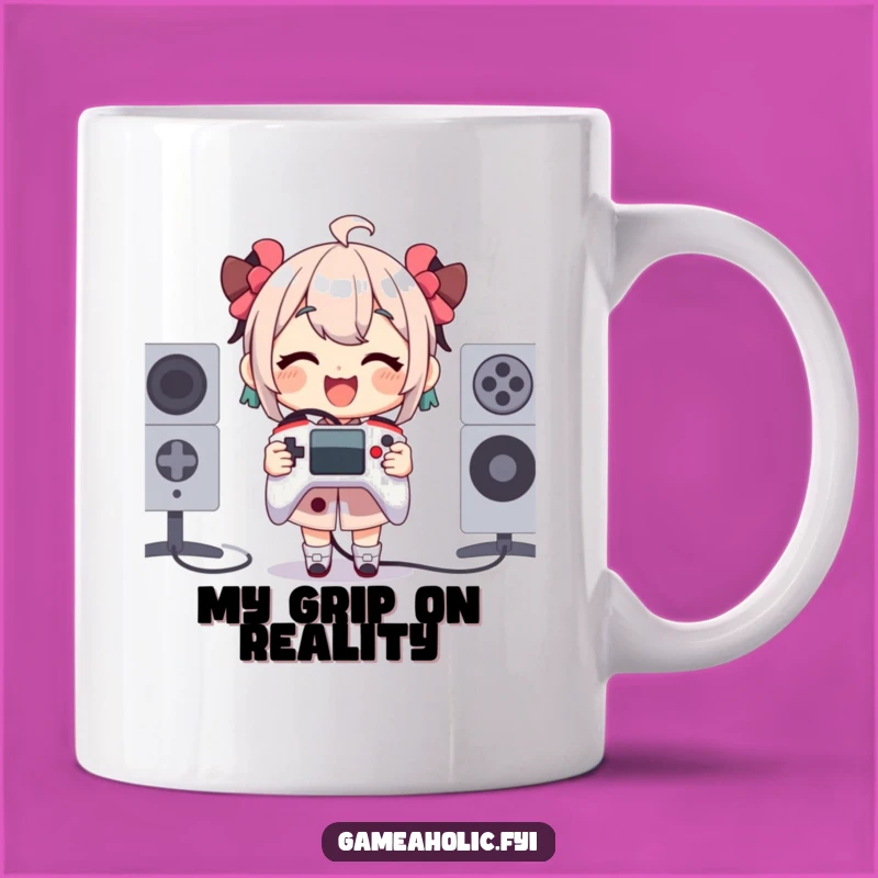 Funny Tiny Controller Mug - Gleeful Gamer Holding Oversized Joy Gift