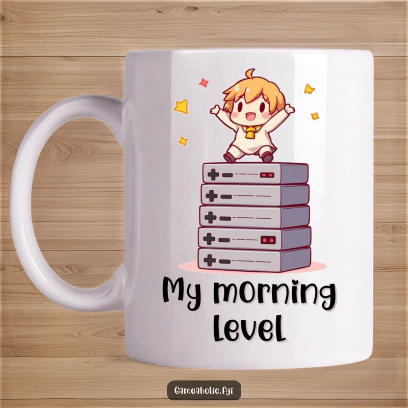 Funny gamer mug featuring a character happily balancing atop a stack of retro game cartridges, symbolizing gaming skill and fun.