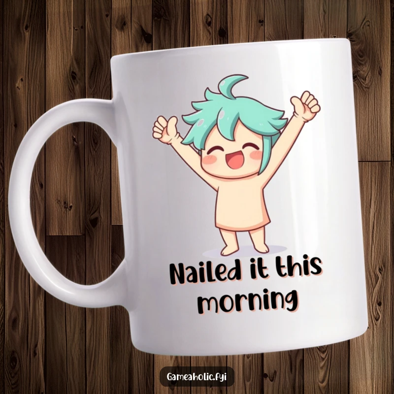 Funny Mug of a character performing an energetic victory dance with arms raised high in sheer triumph and happiness.