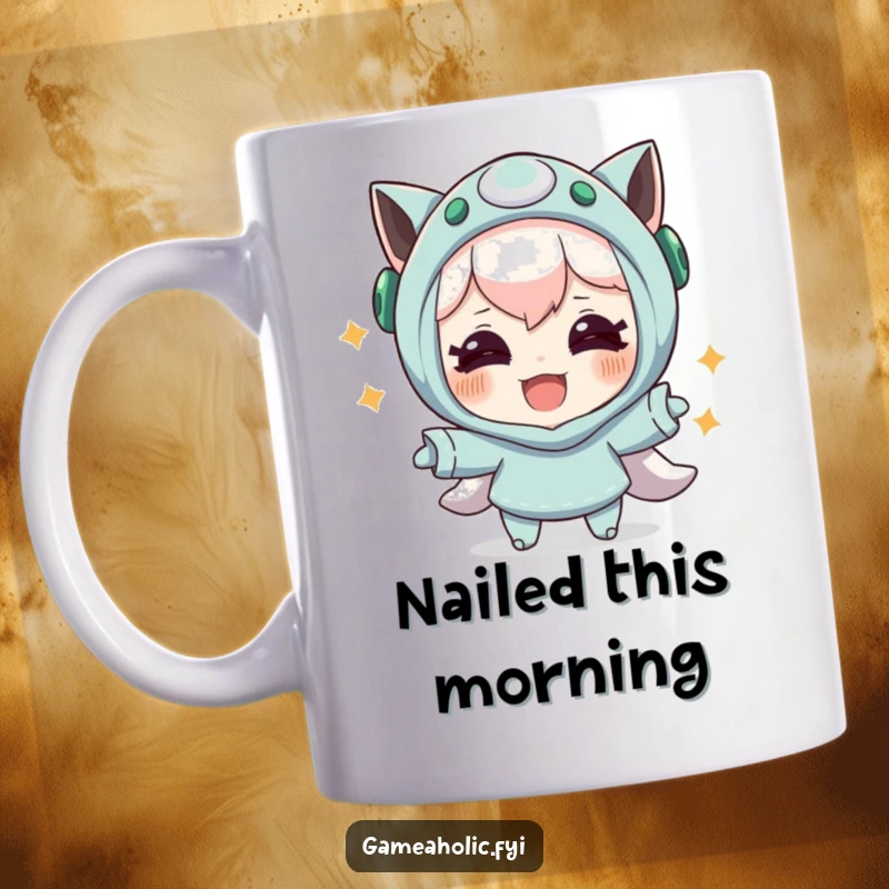 Funny mug with a joyful character celebrating a successful in-game maneuver, a humorous gift for triumphant gamers.