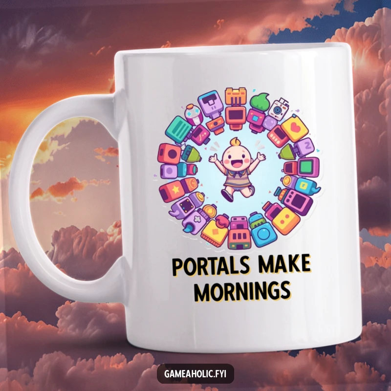 Funny mug of a happy character leaping into a mystical swirling portal filled with iconic game symbols, representing adventure.