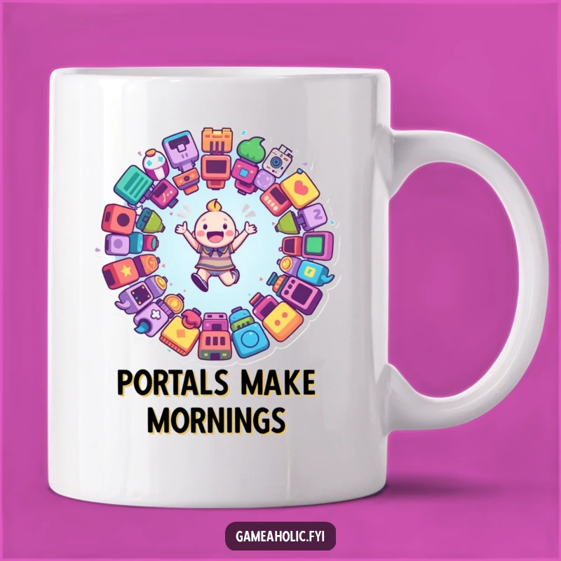 Funny Gamer Portal Mug: Happy Character Jumping into Game Icons Gift