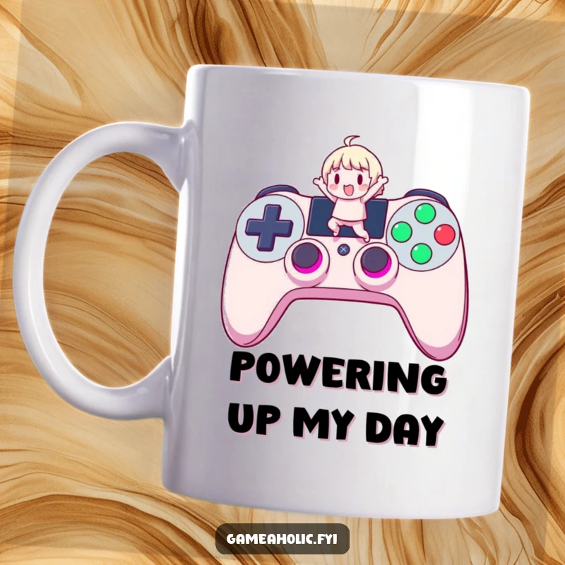 Funny Gamer Mug: A cute character joyfully jumping on a giant, glowing controller button, representing gaming excitement and celebration.