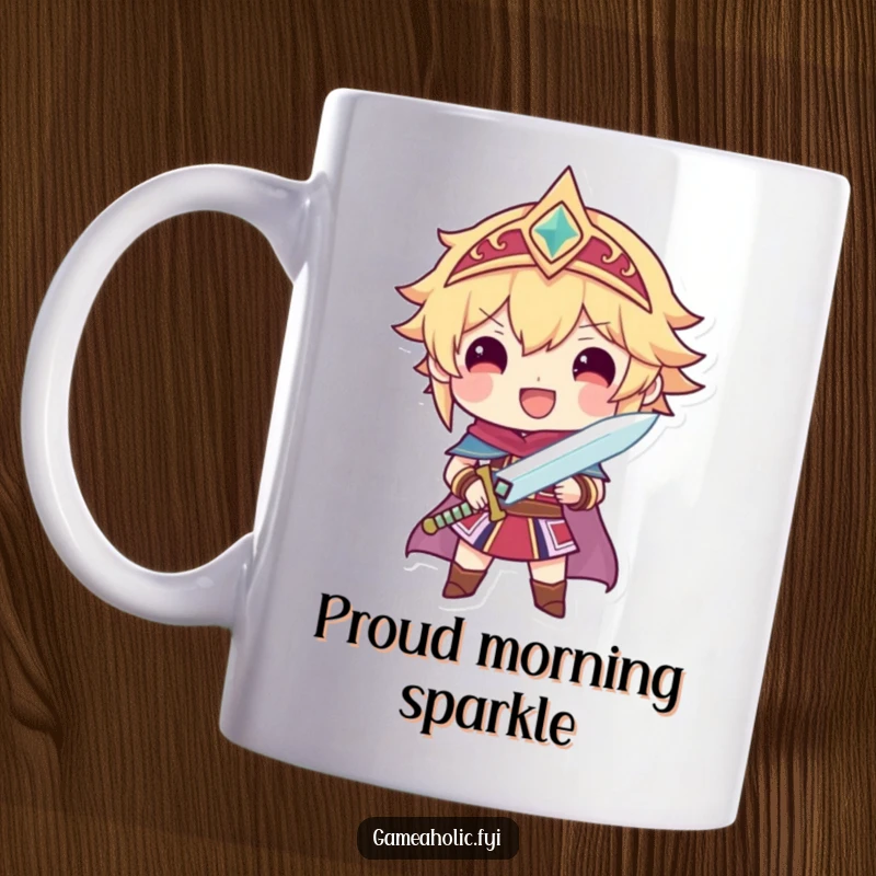 Funny mug depicting a proud character holding a tiny, sparkling sword, celebrating a heroic victory with joy.