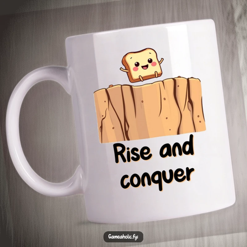 Funny mug depicting smiling toast with tiny legs leaping over a giant crumb cliff, celebrating breakfast and adventure.