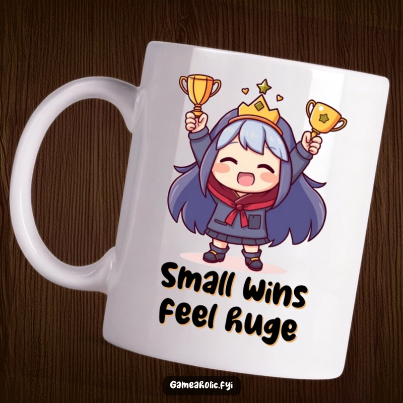 Funny Mug featuring a character proudly holding a very small trophy, celebrating a minor victory with exaggerated joy.