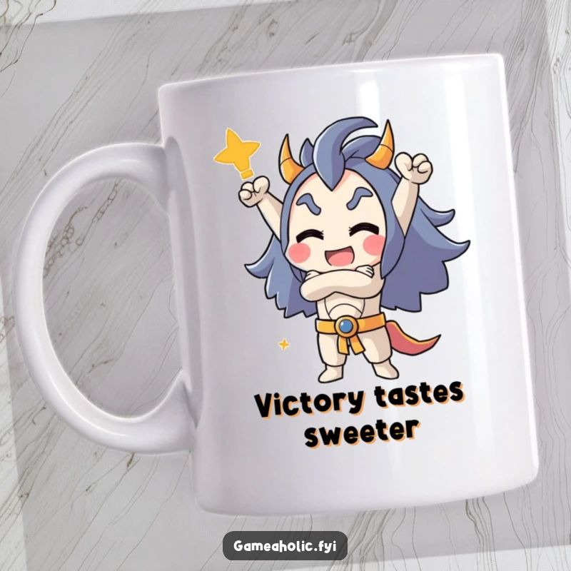 Funny mug featuring a character triumphantly posing with crossed arms, celebrating a hard-earned win with joyful confidence.