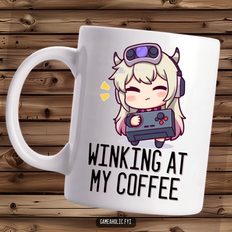 Funny mug featuring a gamer character giving a playful wink while holding a classic joystick.