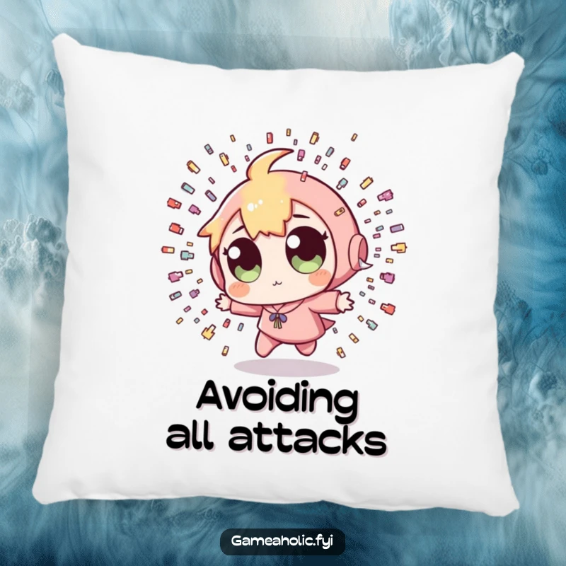 Funny Pixel Bullet Pillow: A soft pillow featuring a character with wide eyes dodging tiny pixelated bullets, perfect for comfort and gaming decor.