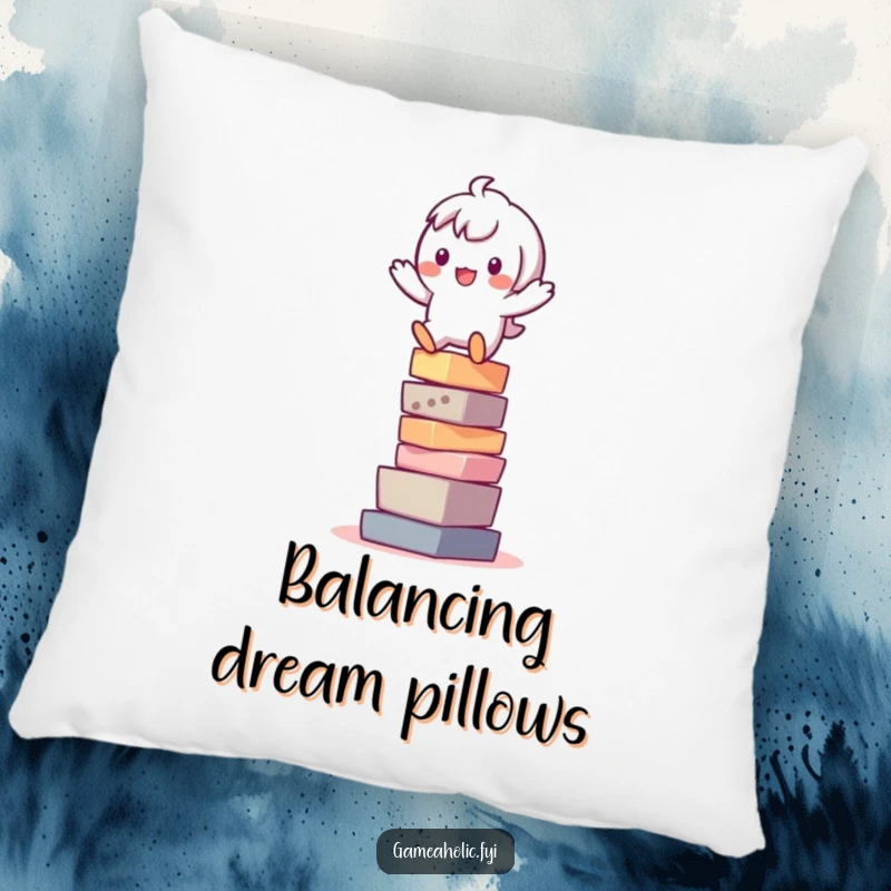 Funny pillow showing a playful character precariously balanced on a stack of pixels, perfect for tech-themed decor.