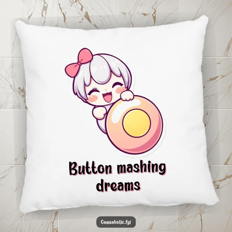 Funny pillow showcasing a cute character joyfully mashing a giant, glowing button, offering comfort and a humorous touch.