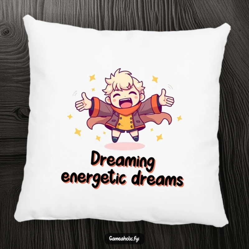 Funny throw pillow featuring a character spinning with arms outstretched, embodying pure gaming energy and joyful movement.