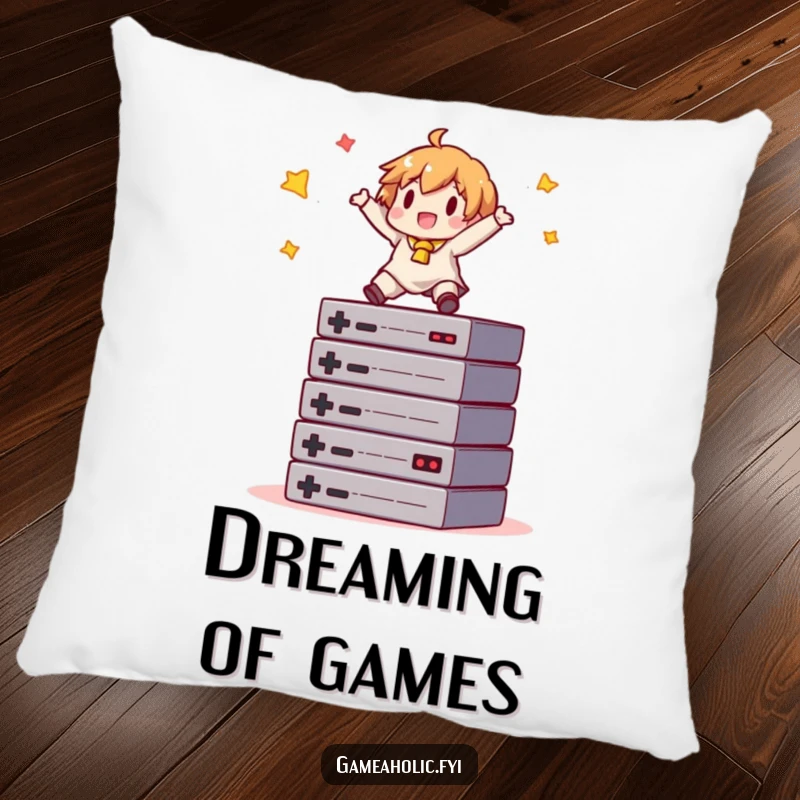 Funny gamer pillow featuring a character balancing on game cartridges, combining comfort with a humorous gaming theme.