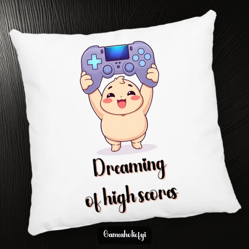 Funny Pillow: Chubby gamer hugs a giant, luminous game controller, embodying cozy gaming success and comfort.