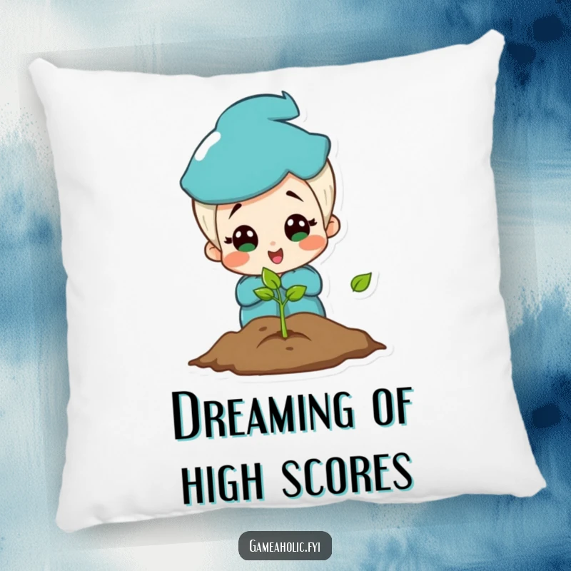 Funny pillow with a charming character experiencing amazement and pure joy at a brightly lit video game screen.