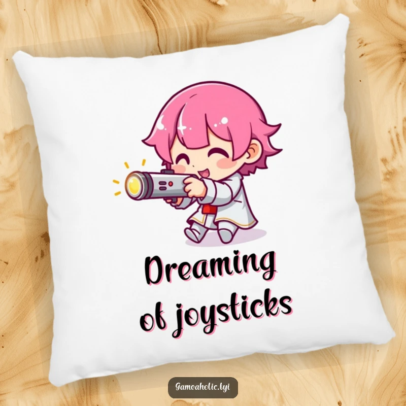 Funny pillow with a character focused on aiming a tiny, glowing joystick, adding a touch of gaming fun to any room.