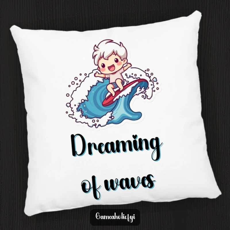 Funny pillow with a cheerful character surfing a stylized pixelated wave, designed for gamer comfort.