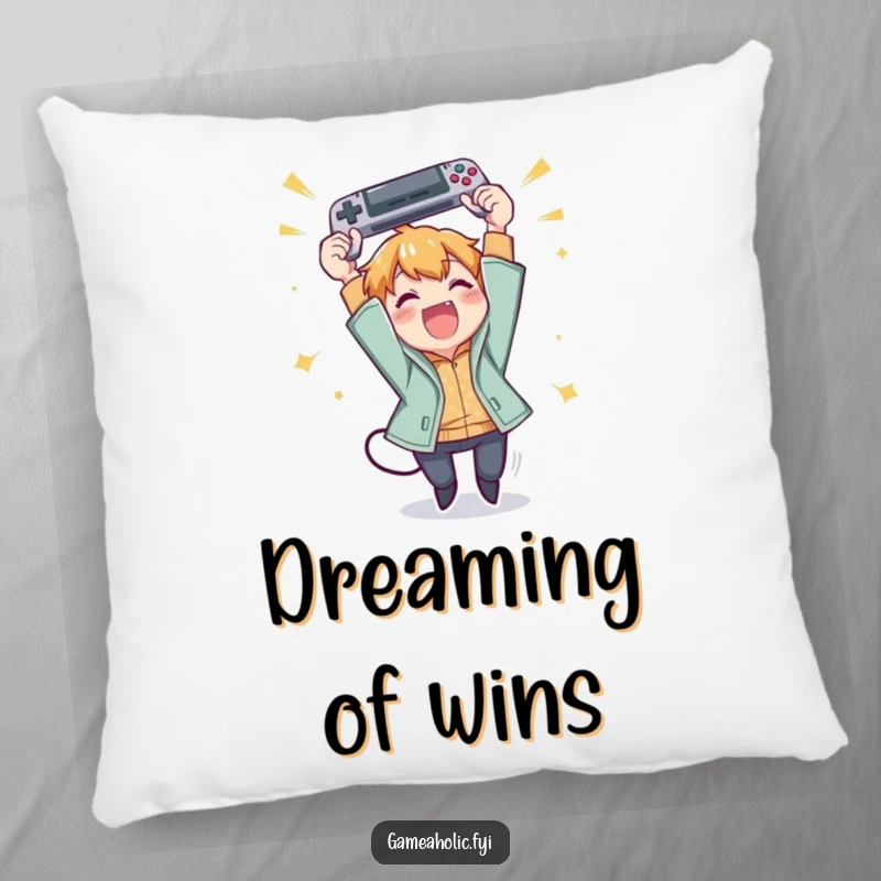Funny pillow showcasing a character excitedly throwing a gamepad in the air with pure joy.
