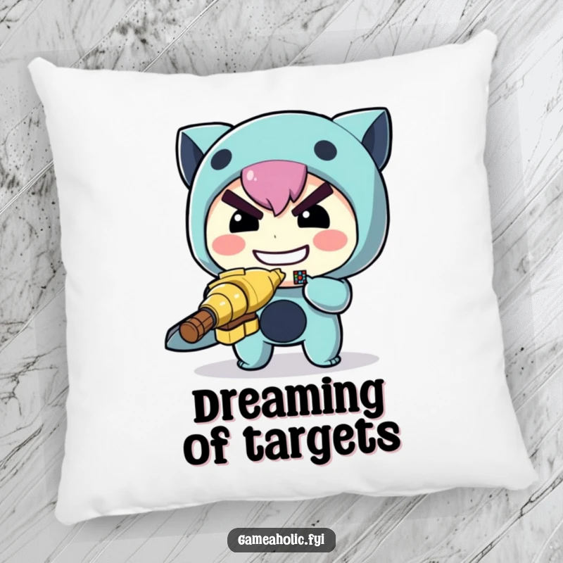 Funny archer pillow featuring a determined character aiming a small, pixelated target, combining comfort with a humorous theme.