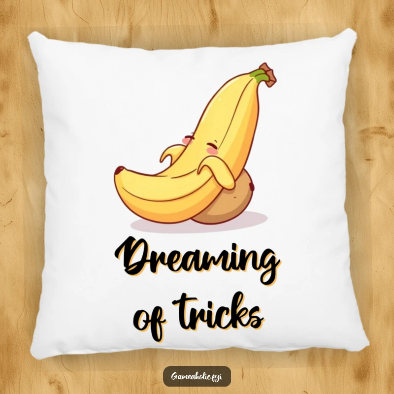Funny pillow illustration of a smiling banana peel causing a drowsy potato to tumble, creating a scene of cartoonish fun.