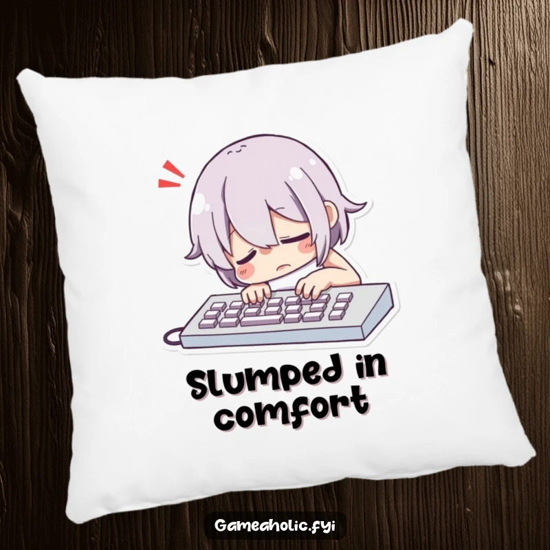 Funny Character Dramatically Slumping Over a Keyboard with a Comically Exaggerated Sigh Pillow, Soft and Humorous Decor.