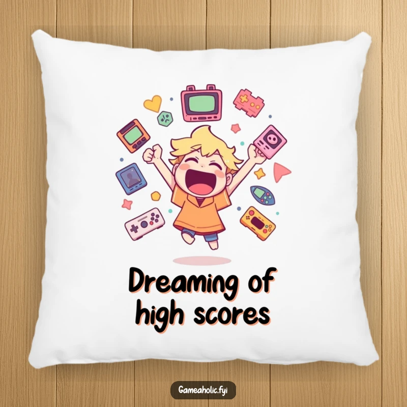 Funny pillow with a character cheering wildly surrounded by floating game icons, ideal for gamers seeking comfort and humor.