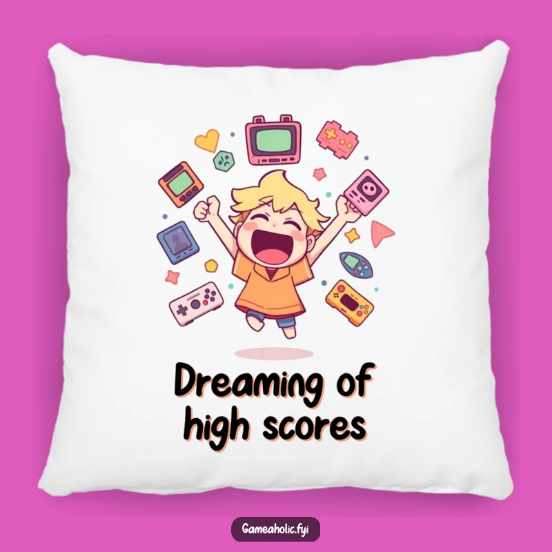 Funny Gamer Pillow: Cheerful Character with Icons, Comfy and Humorous Accent