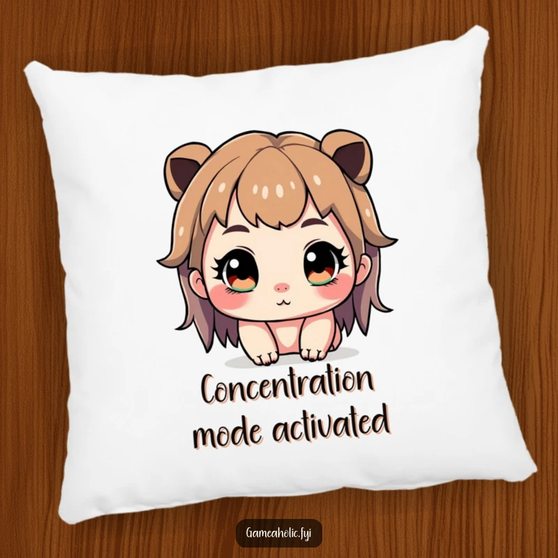 Funny pillow with a cute character intensely focused, eyes wide and sparkling, radiating gamer determination.