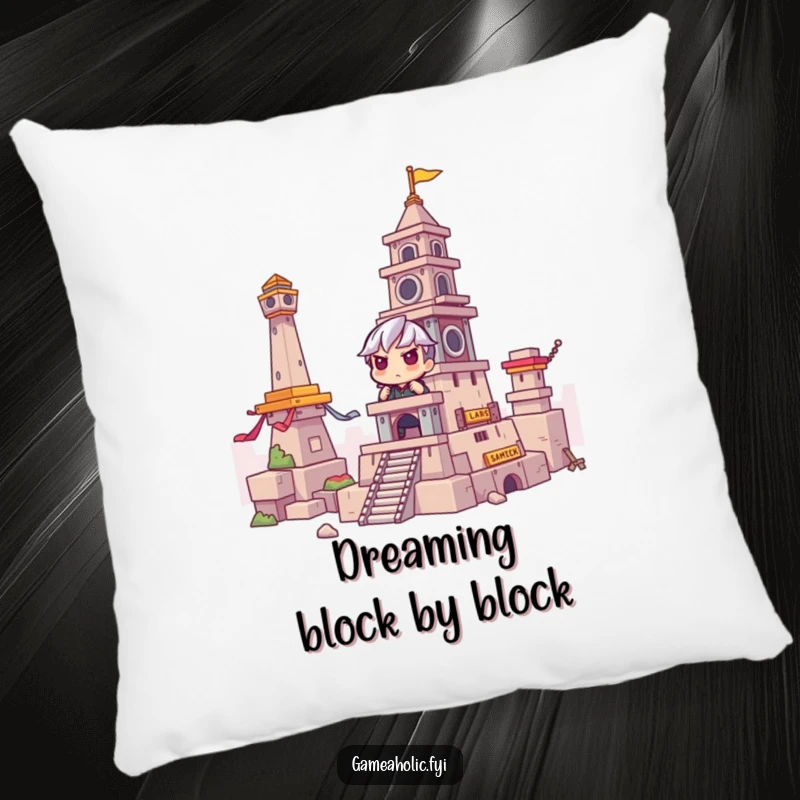 Funny Pillow: Gamer showing intense focus while building a tower in a game, a comfortable and humorous addition to any gaming space.