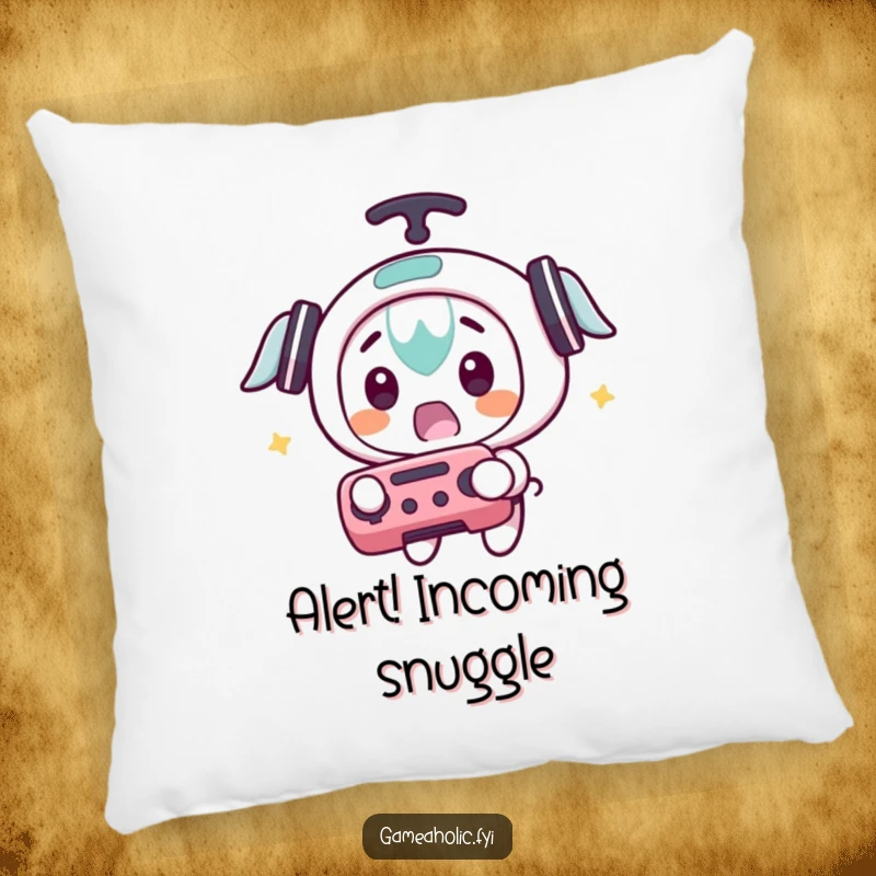 Funny pillow with a character showing a surprised facial expression while catching a flying game controller, adding humor.