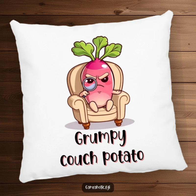 Funny pillow illustration of a grumpy radish character nestled in a tiny armchair, peering through a magnifying glass.