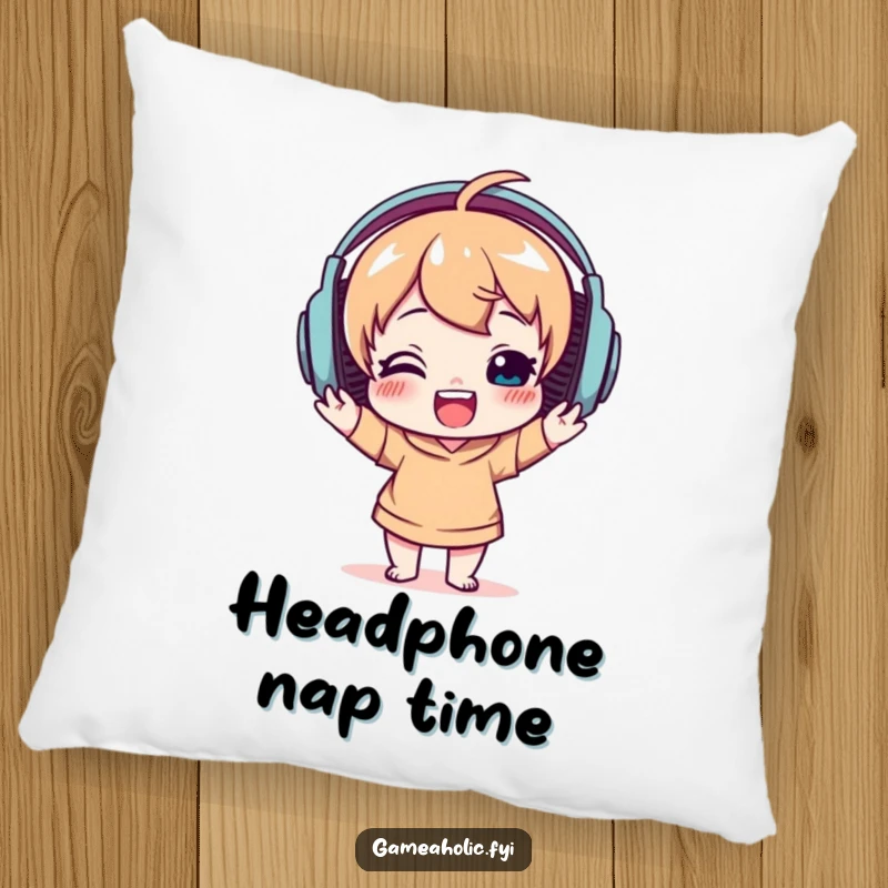 Funny pillow showing a delighted character wearing large headphones, happily bobbing their head, perfect for music-themed decor.