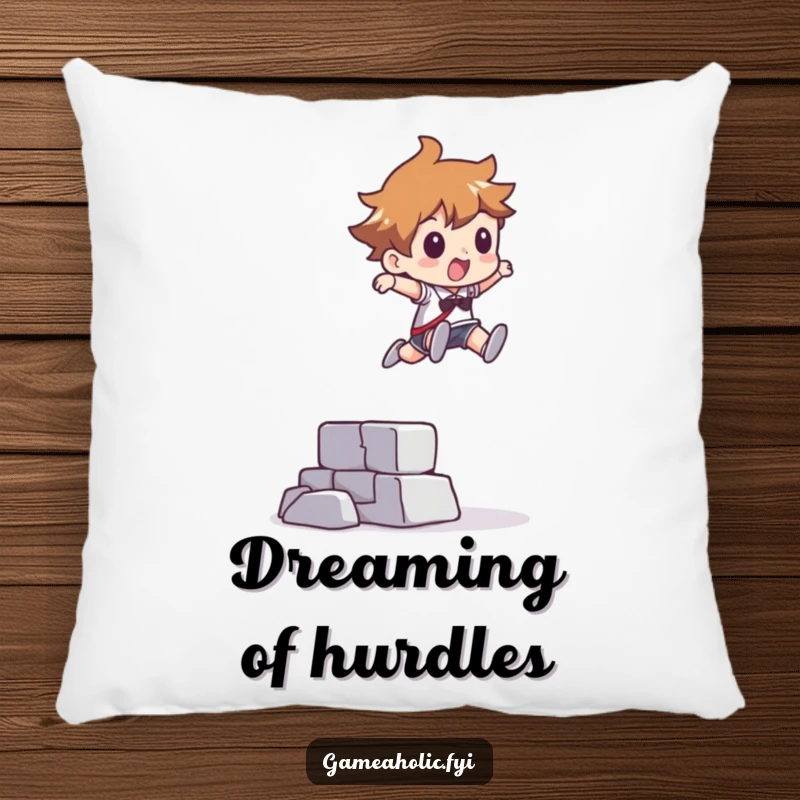 Funny pillow with a character leaping over a pixelated obstacle, adding comfort and an abstract, motivational vibe.