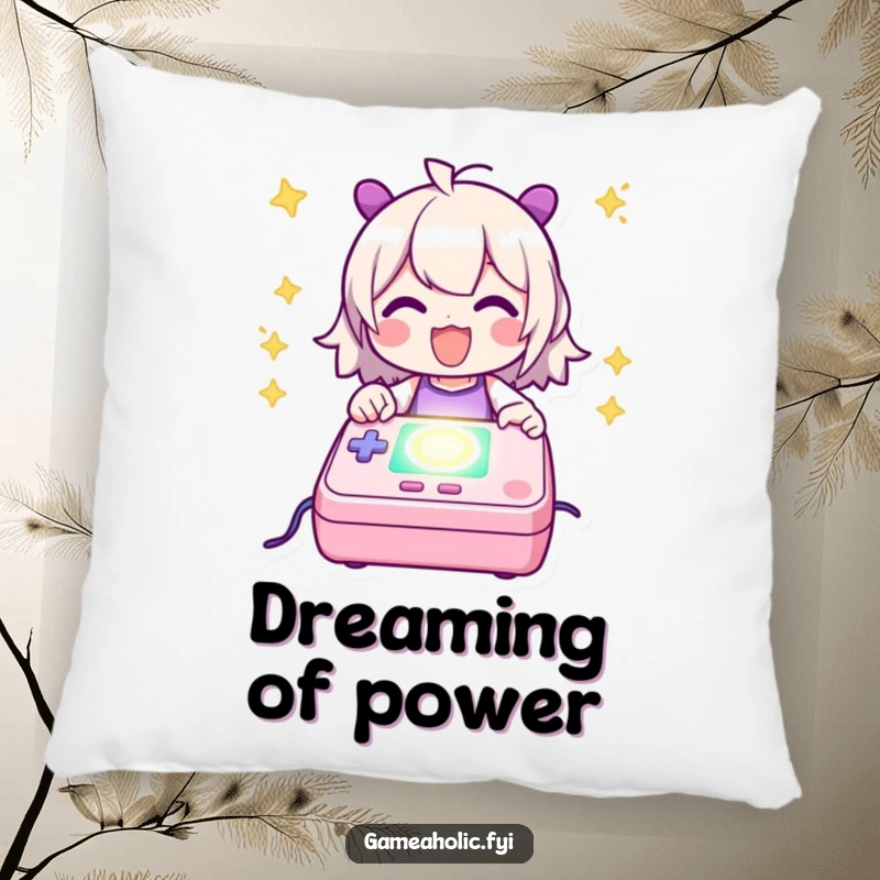 Funny Pillow showing a character happily powering up a glowing game console, designed for comfort and a humorous gamer vibe.