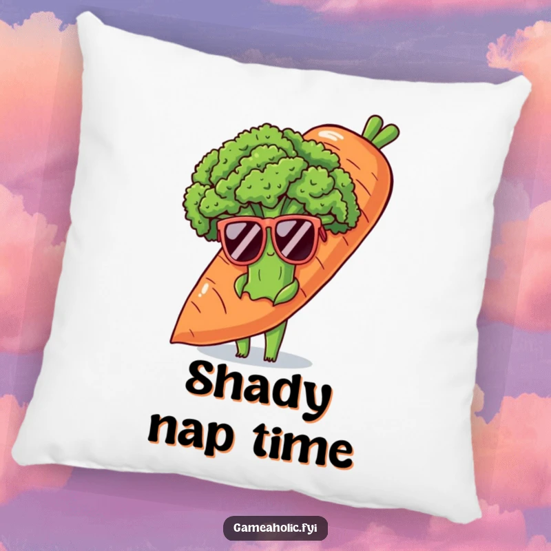 Funny pillow featuring a shy broccoli stalk in sunglasses, peeking from behind a carrot, perfect for cozy, cool vibes.