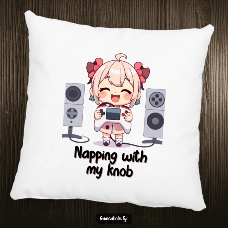 Funny Pillow depicting a character gleefully holding a miniature yet comically oversized game controller, perfect for cozy gaming moments.