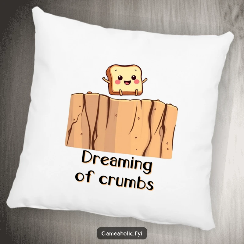 Funny pillow featuring a smiling toast character, tiny legs leaping courageously over a giant crumb cliff, perfect for cozy vibes.