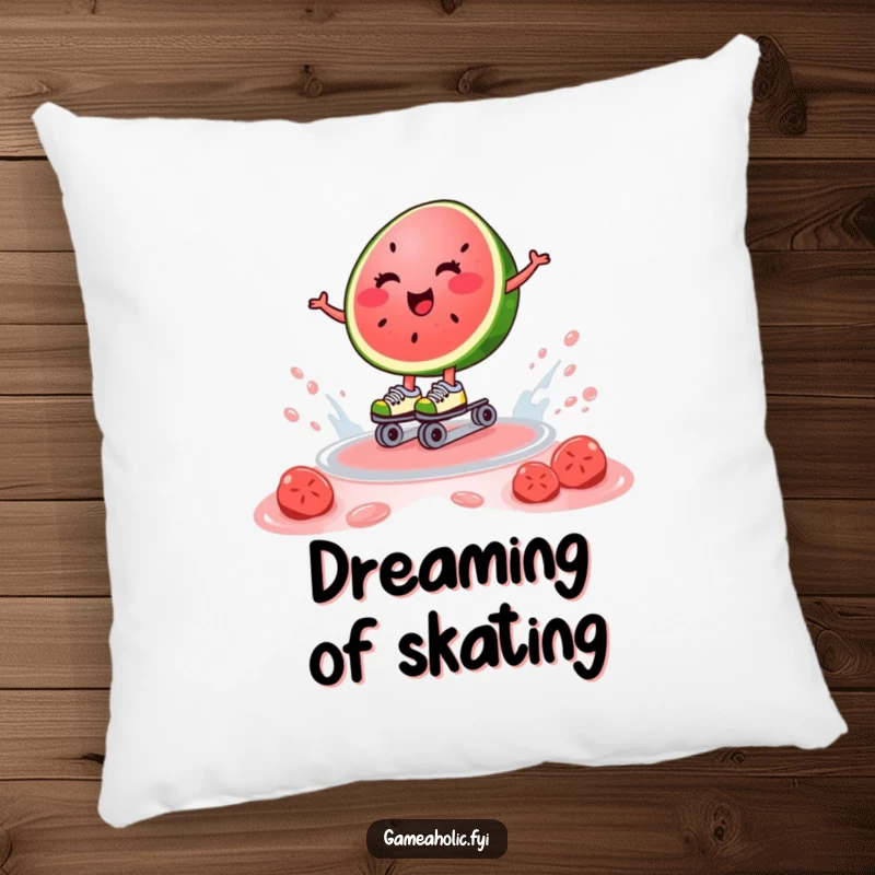 Funny pillow featuring a happy watermelon slice on roller skates, gliding on juice, perfect for cozy summer vibes.