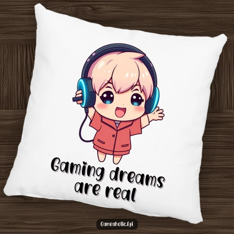 Funny pillow shows an enthusiastic gamer character holding a glowing gaming headset, adding comfort and a touch of audio-focused humor.