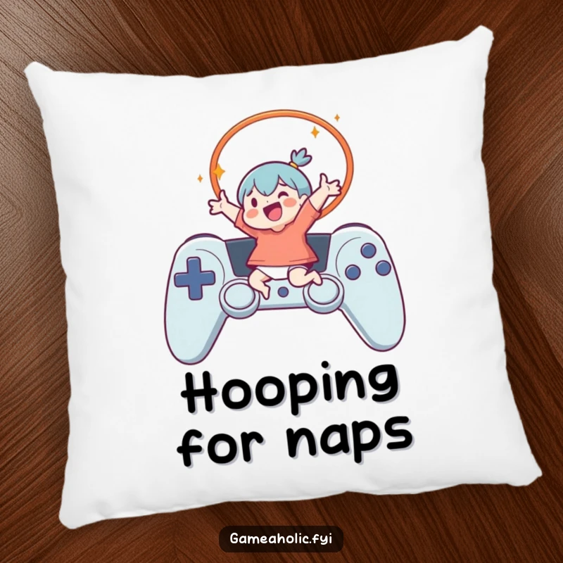 Funny Pillow with a character happily leaping through a controller hoop, designed for ultimate comfort and a touch of humorous gamer flair.