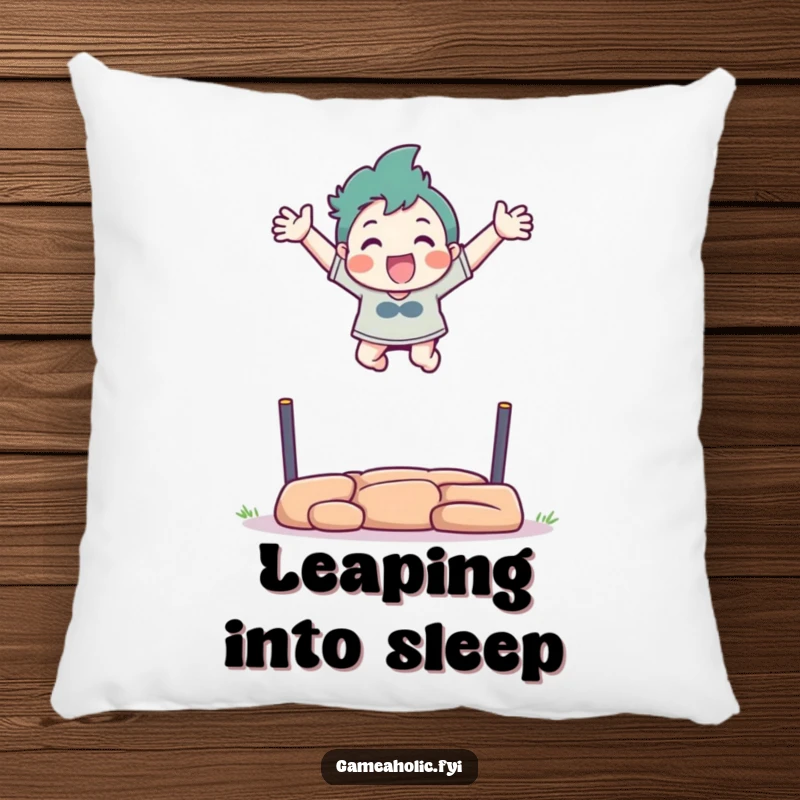 Funny pillow showcasing a character excitedly leaping over a virtual obstacle with arms outstretched.