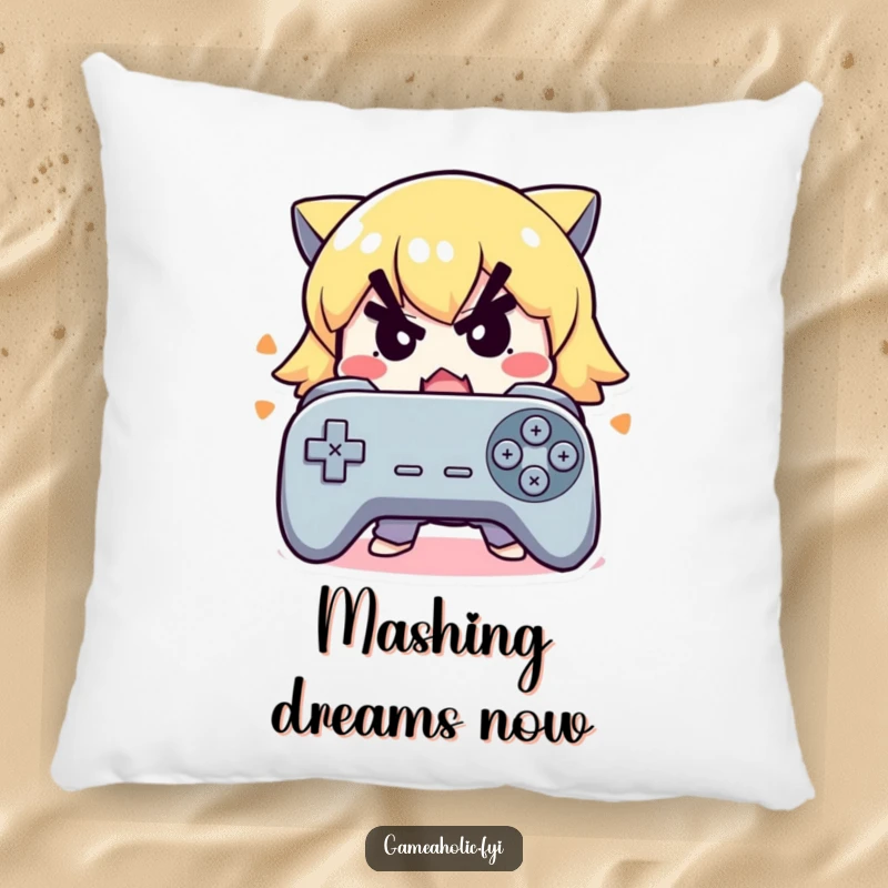 Funny pillow showcasing a cute character with a determined expression frantically mashing buttons on a controller.