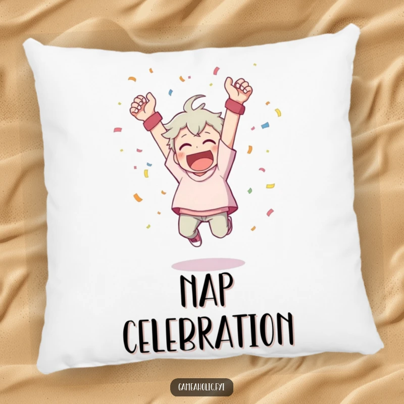 Funny pillow featuring a character cheering wildly, throwing confetti, and leaping from a victory pose, full of joy.
