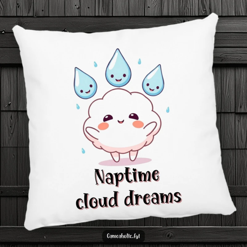 Funny pillow featuring a fluffy cloud character juggling happy rain drops, perfect for adding whimsical comfort and cheer.