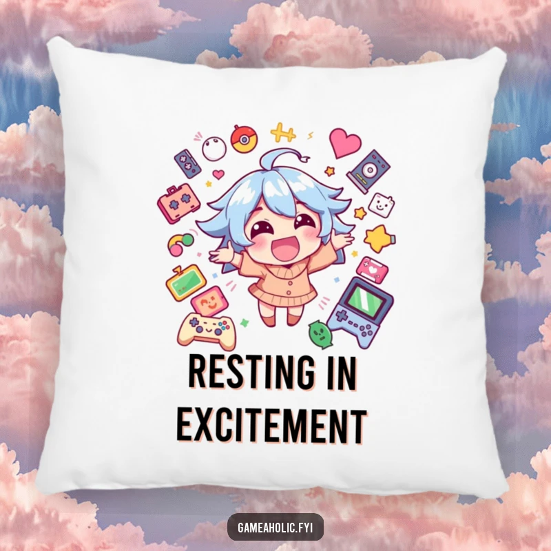 Funny pillow with a happy character beaming with excitement, surrounded by colorful game icons, perfect for comfort.