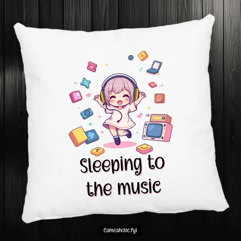 Funny Pillow featuring a dancing character with headphones, amidst floating game icons, adding a touch of humorous comfort.
