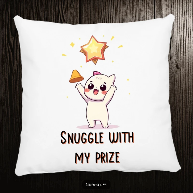 Funny throw pillow featuring a character eagerly reaching for a shiny virtual award, adding a motivational touch.