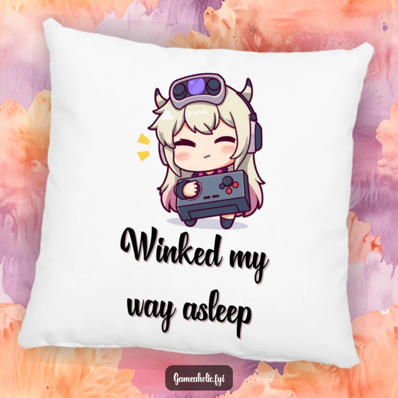 Funny pillow with a character winking playfully while holding a joystick, offering comfort and gamer humor.